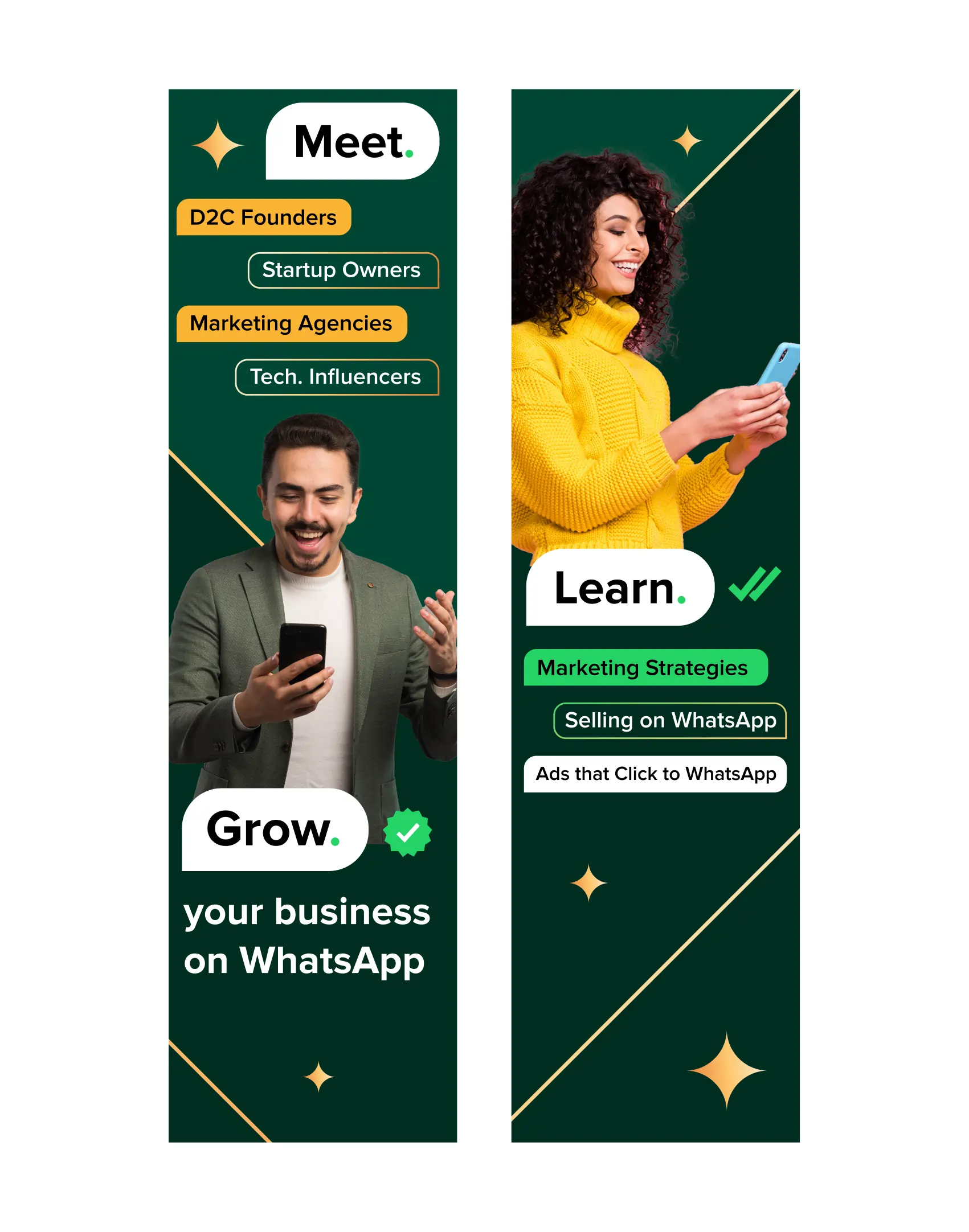Standee designs for WhatsApp on Wheels showcasing the tagline Meet Learn Grow