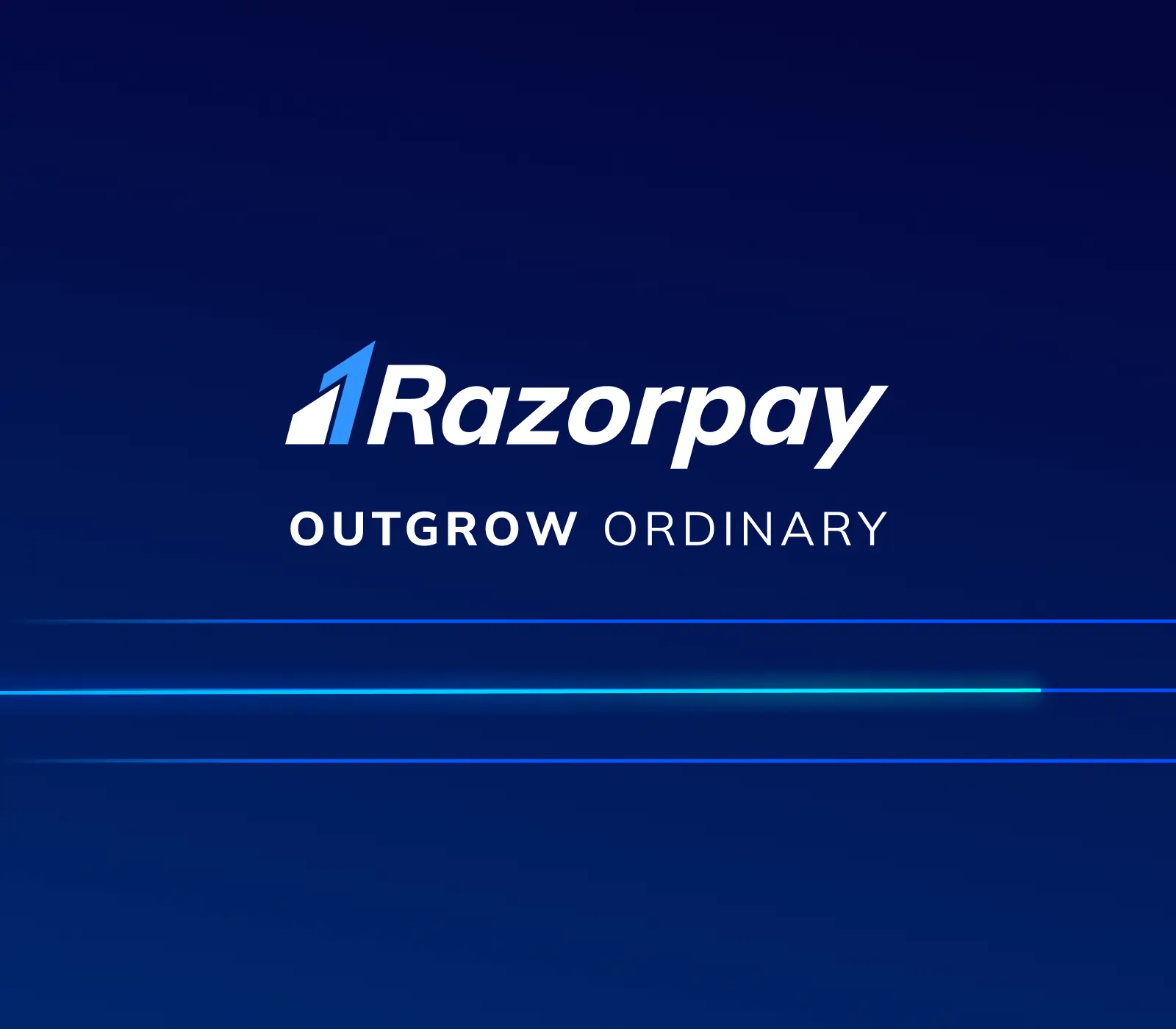 A case study thumbnail for the Razorpay project. It shows the Razorpay logo on a dark blue gradient background with glowing lines underneath