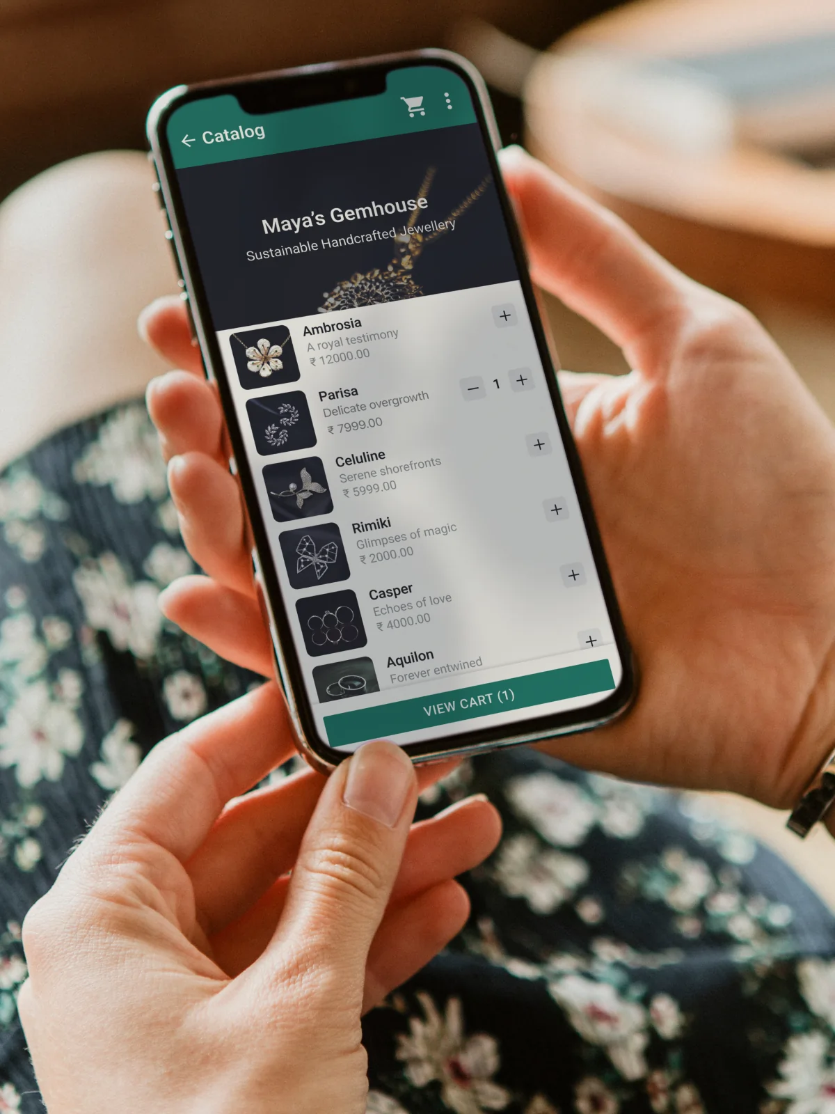 Phone with WhatsApp e-commerce screen