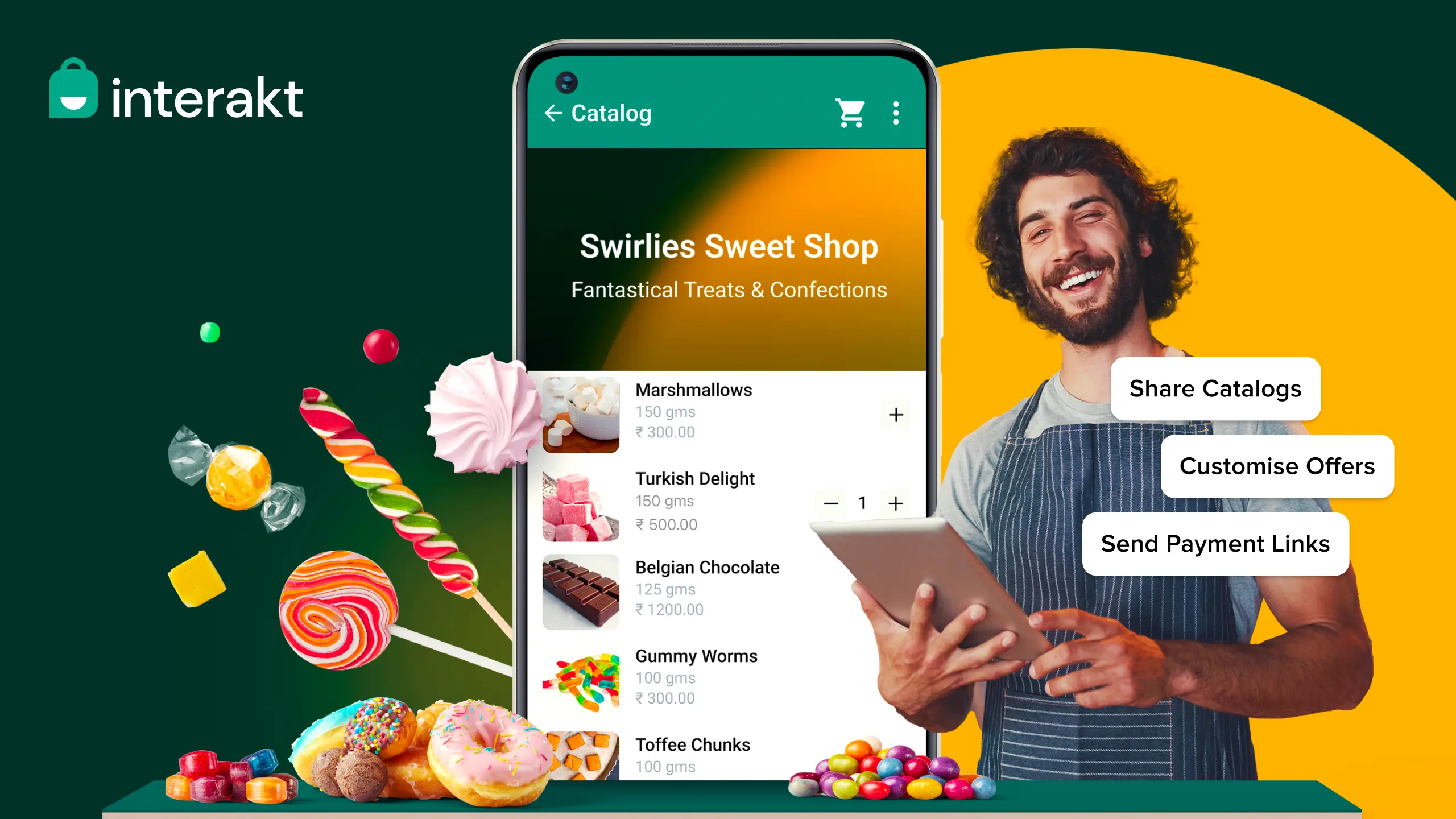 Ad for a candy shop on WhatsApp commerce with a chef smiling