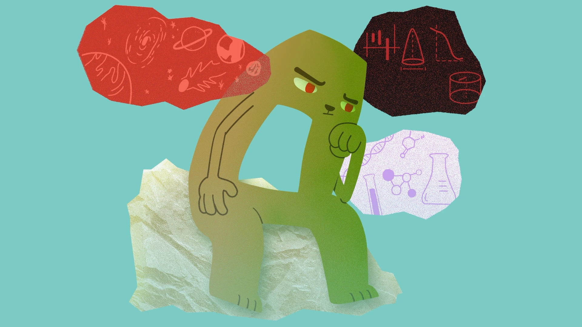 An anthropomorphic a sitting on a rock