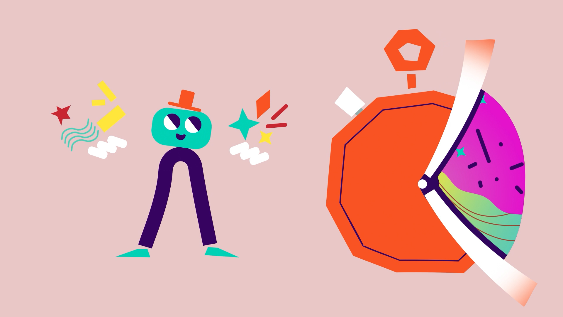Abstract character next to a clock
