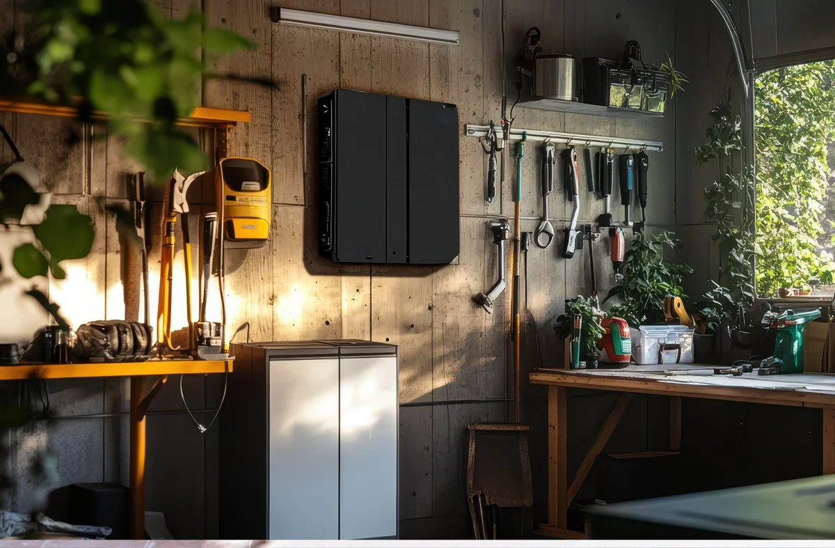 Organized workshop with tools hanging on walls and shelves, sunlight illuminating plants and workbench.