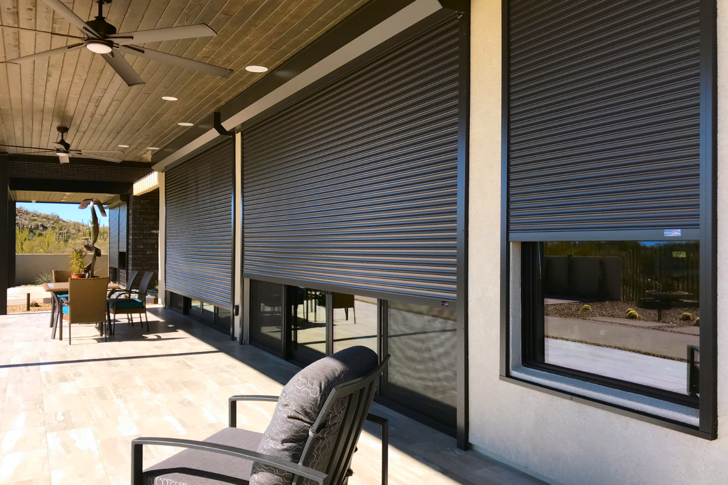 Patio with closed rolling shutters