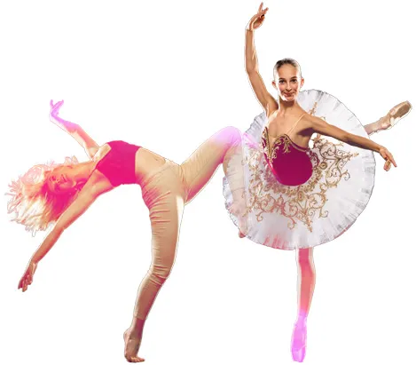 Två ballerinor i rosa och vita dräkter dansar elegant