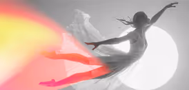 Silhuett av en dansare som svävar framför en ljus, färgstark bakgrund