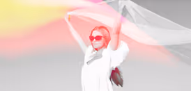 Abstrakt figur i vitt som sträcker sig framåt med röda och gula ljuseffekter