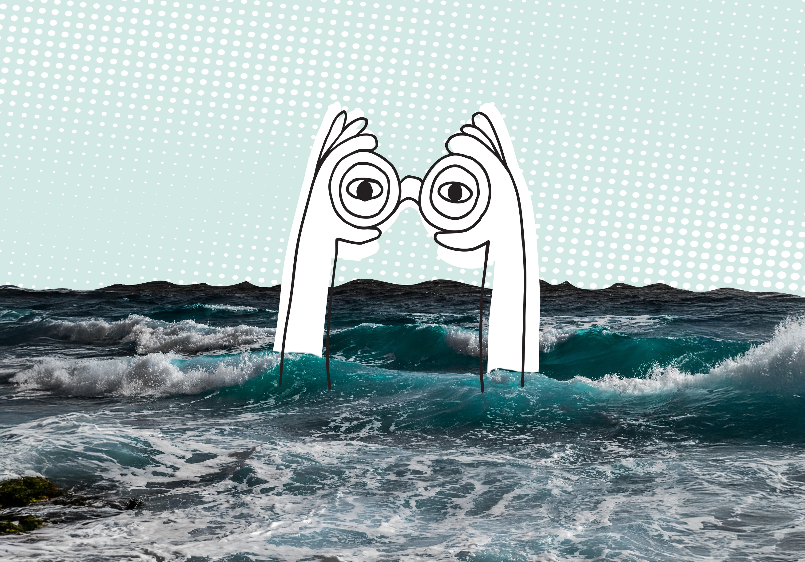Hands holding binoculars coming out of a choppy sea