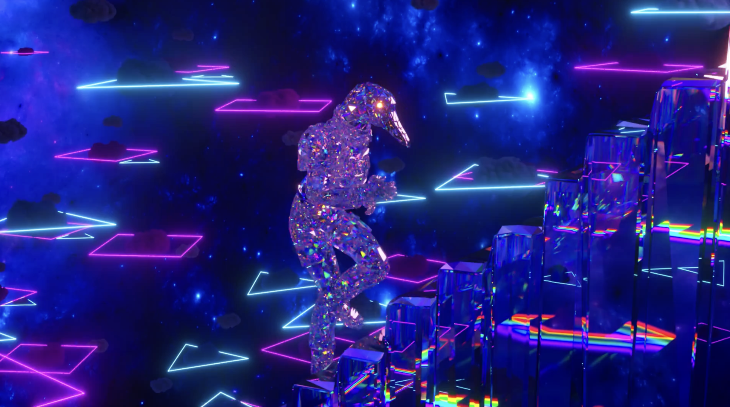 Move mindfully graphic features an abstract reflective lizard like creature walking up glass stairs 