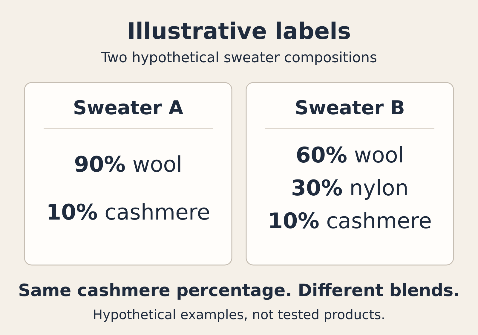 Two illustrative labels: Sweater A is 90% wool and 10% cashmere; Sweater B is 60% wool, 30% nylon and 10% cashmere