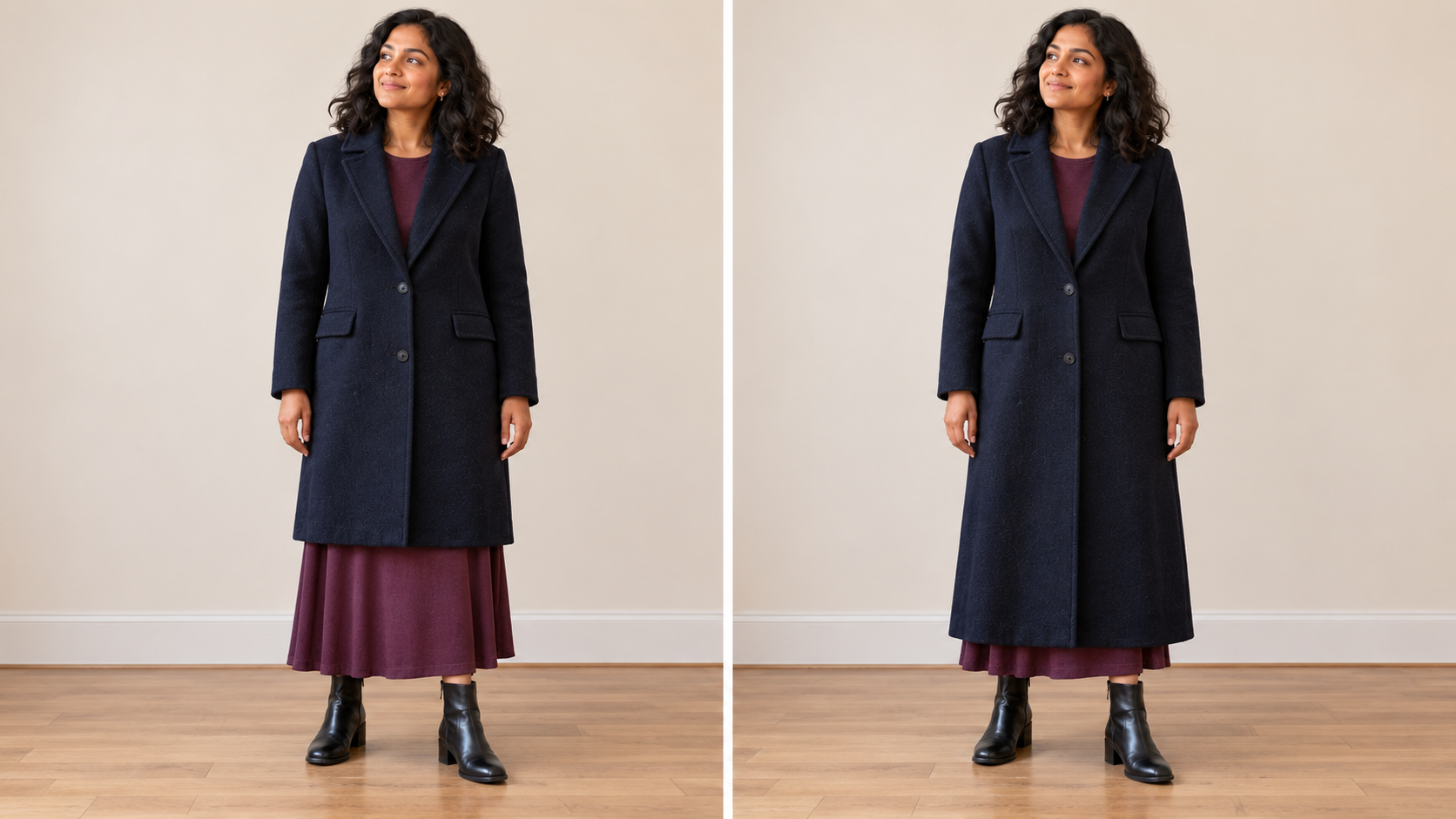 The same plum dress and black ankle boots with two fastened navy coats: a shorter coat shows a wide band of dress, while a longer coat shows a narrow band.