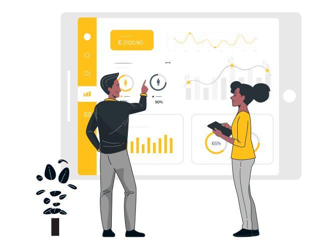 A man and woman looking at a whiteboard showing their accounts