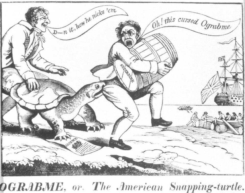 A black and white cartoon depicting a turtle biting on a person