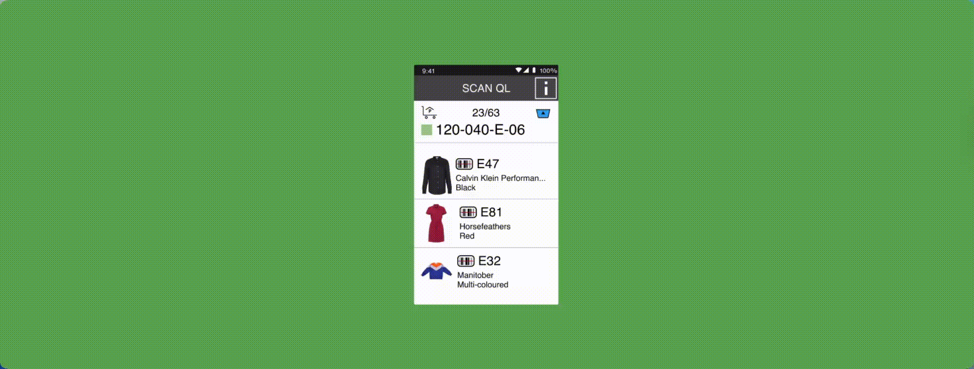 Mobile app interface showing scanned item list with codes and images of a black shirt, red dress, and multicolored sweater.