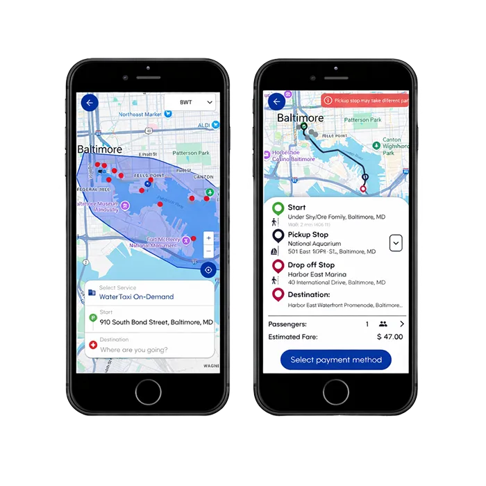 Two iphones showing the location of a location on a map.