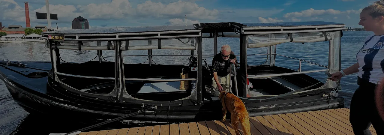 A woman and a dog standing on a dock next to a boat.