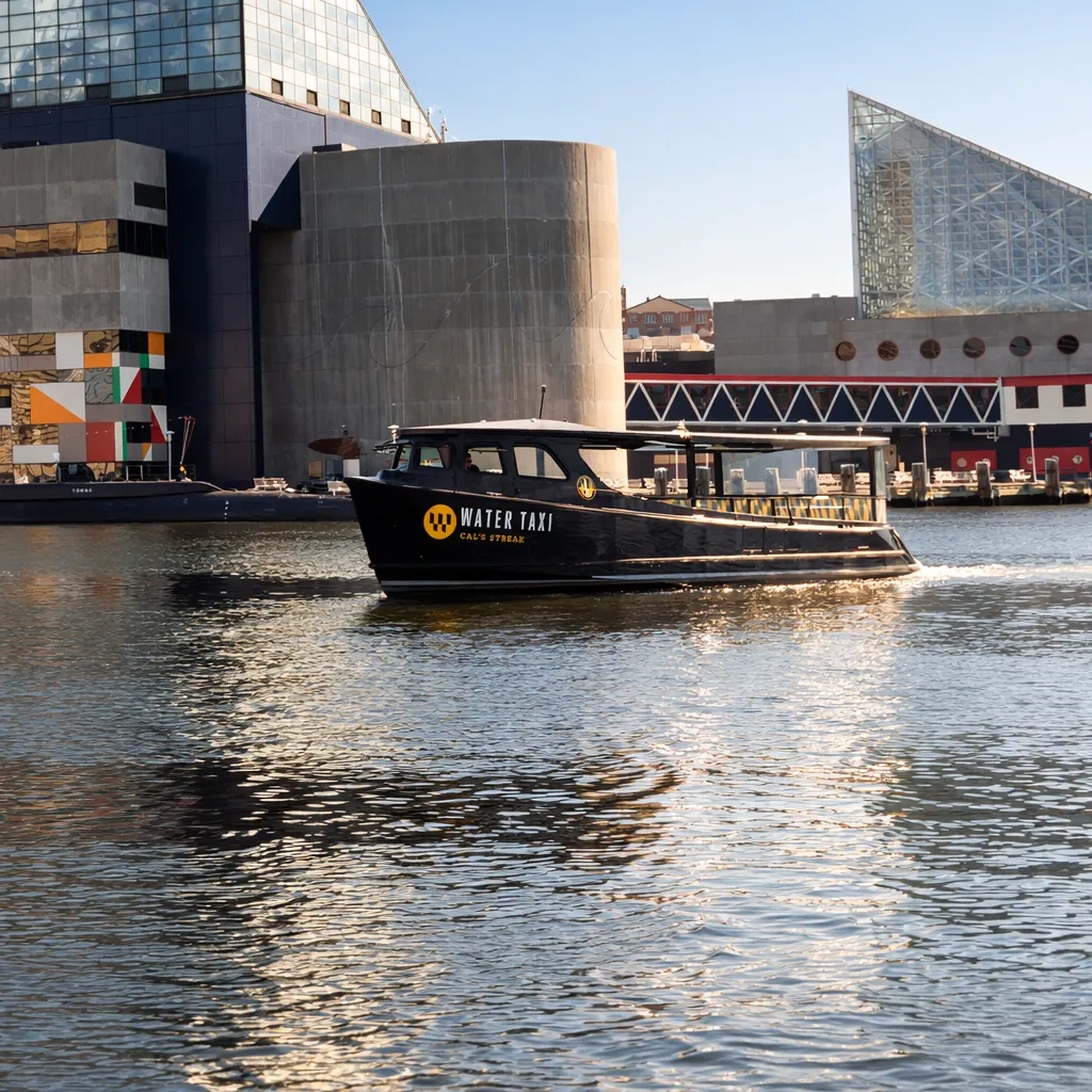 A black boat traveling down a river next to a tall building.