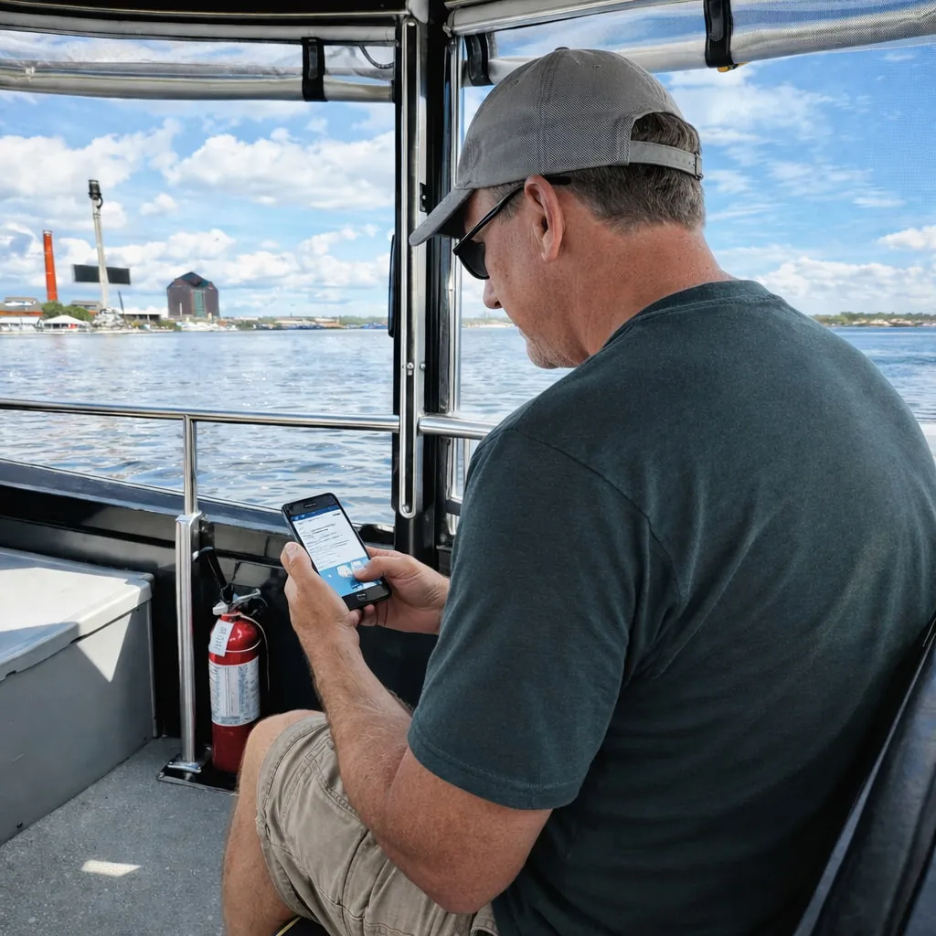 A man sitting on a boat looking at a cell phone.