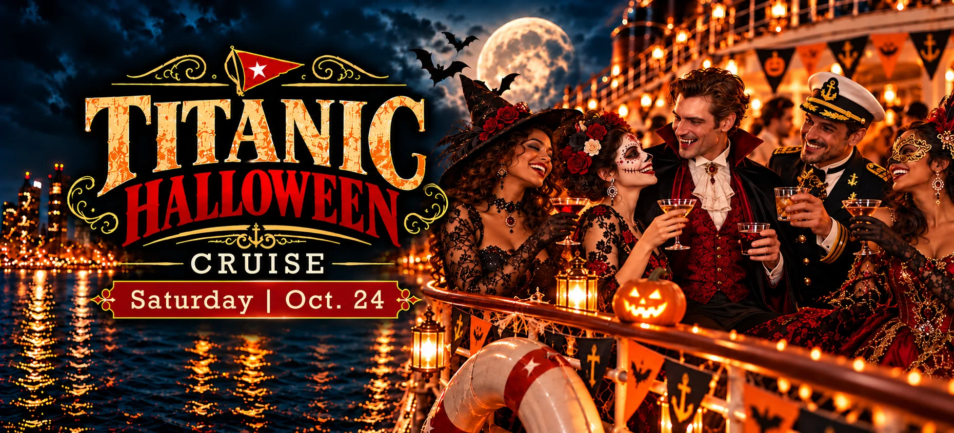 Titanic Halloween Cruise, Saturday, October 24. Guests in Halloween costumes toast on a lantern-lit deck above Baltimore's harbor at night.
