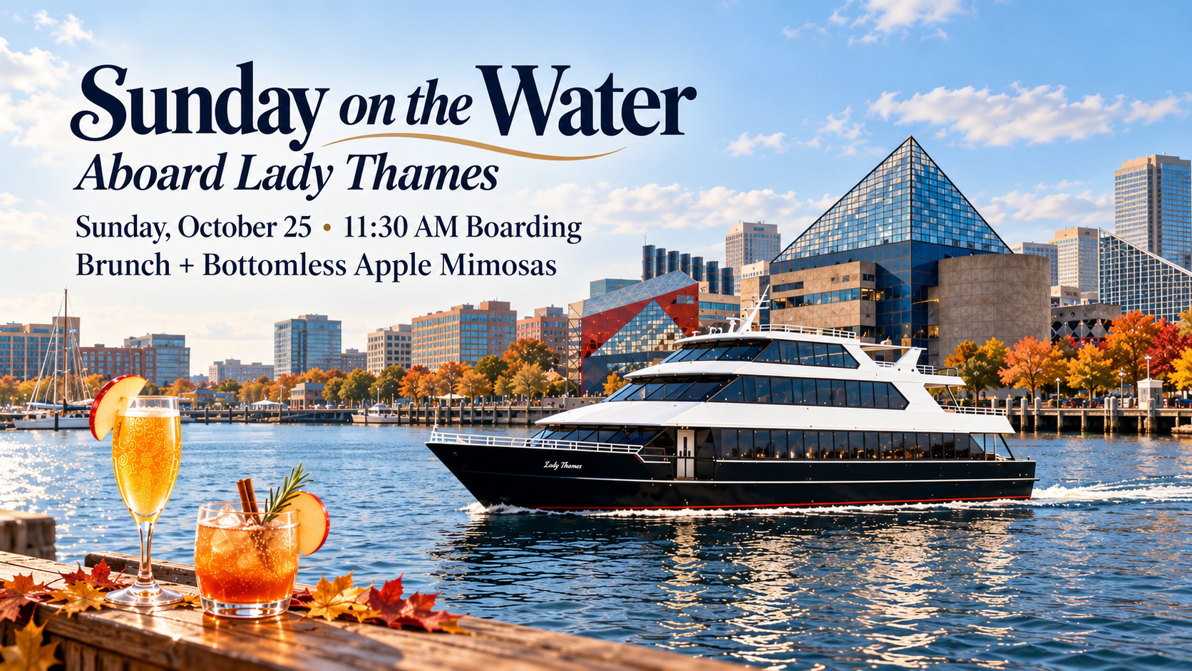Sunday on the Water aboard Lady Thames. Sunday, October 25, 11:30 AM boarding. Brunch and bottomless apple mimosas on Baltimore's Inner Harbor in autumn.
