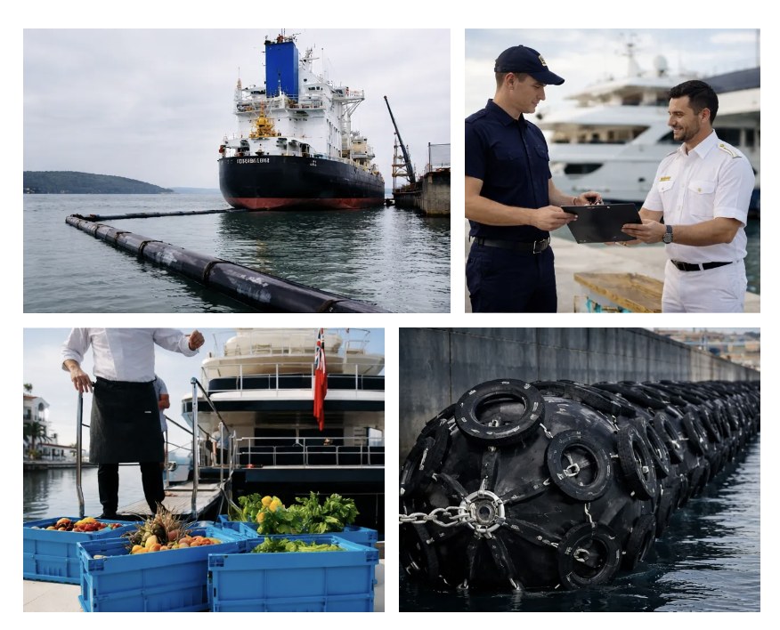 Commercial maritime work: a cargo ship at a fuel line, crew reviewing paperwork, provisions delivered dockside, and pier fenders