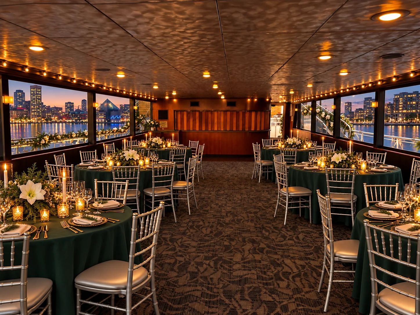 The main salon of Lady Thames set for a seated corporate dinner with round tables and candles