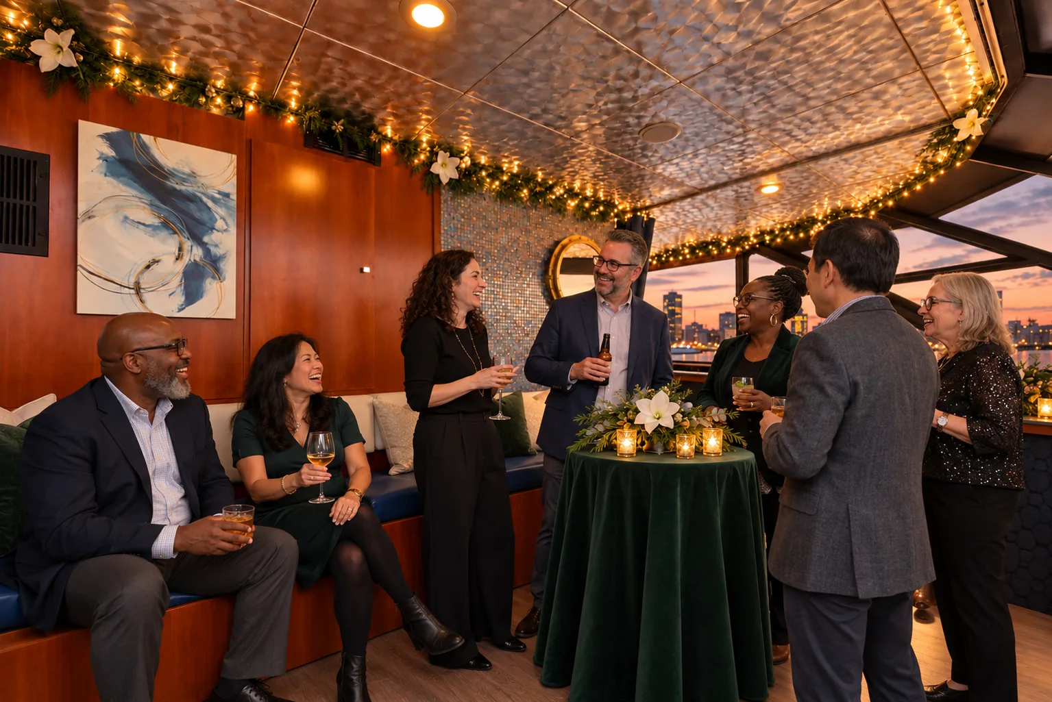 Coworkers laughing together in the lounge aboard Lady Thames