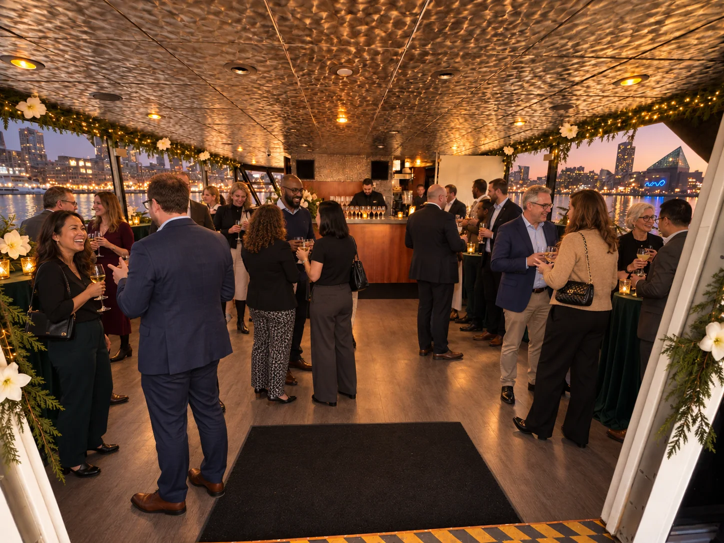 Guests mingling with drinks at a corporate reception in the upper salon of Lady Thames