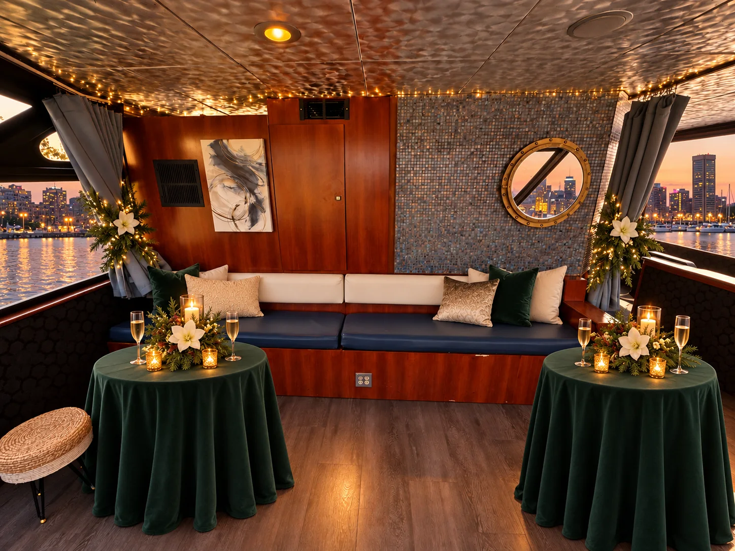 The lounge aboard Lady Thames with a cushioned banquette, porthole mirror and two cocktail tables