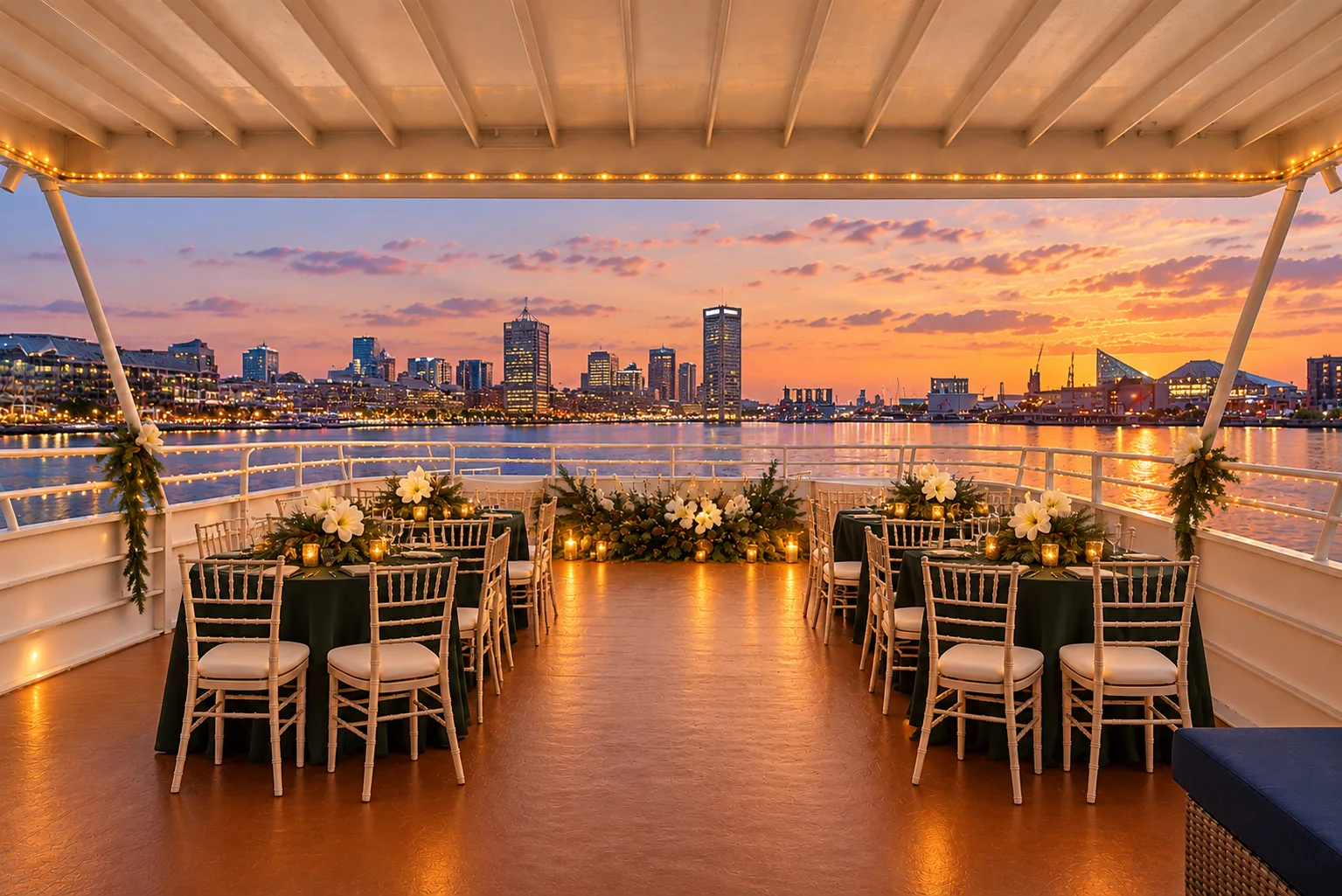 The open top deck of Lady Thames set with dinner tables under the canopy lights at sunset, facing the Baltimore skyline