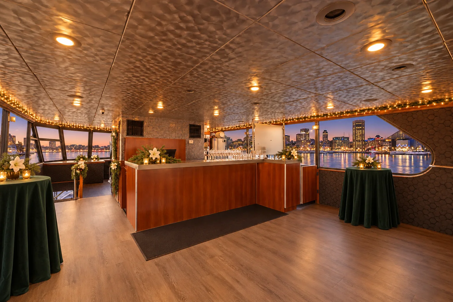 The upper salon bar aboard Lady Thames set for a cocktail reception with high-top tables