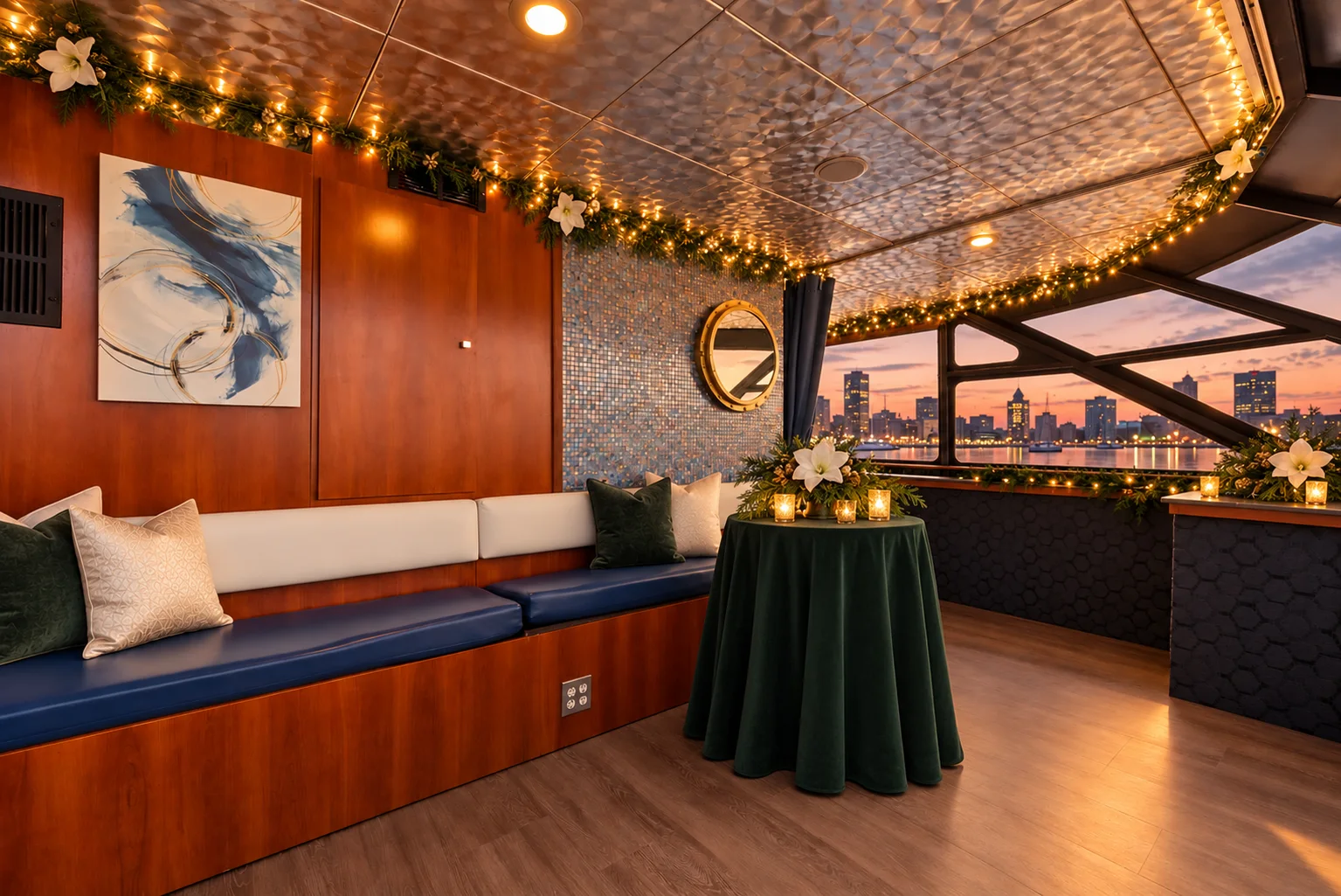 A banquette and cocktail table in the Lady Thames lounge with holiday garland and harbor views