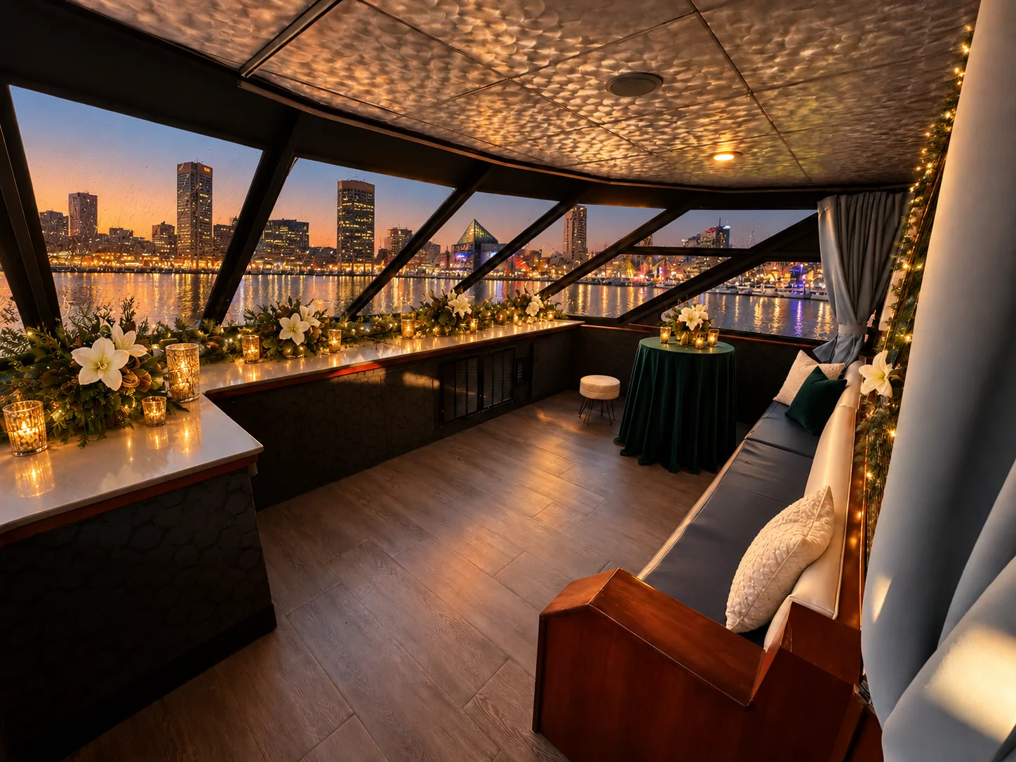 The pilothouse lounge on Lady Thames with candlelit window ledges looking out on the Inner Harbor at night