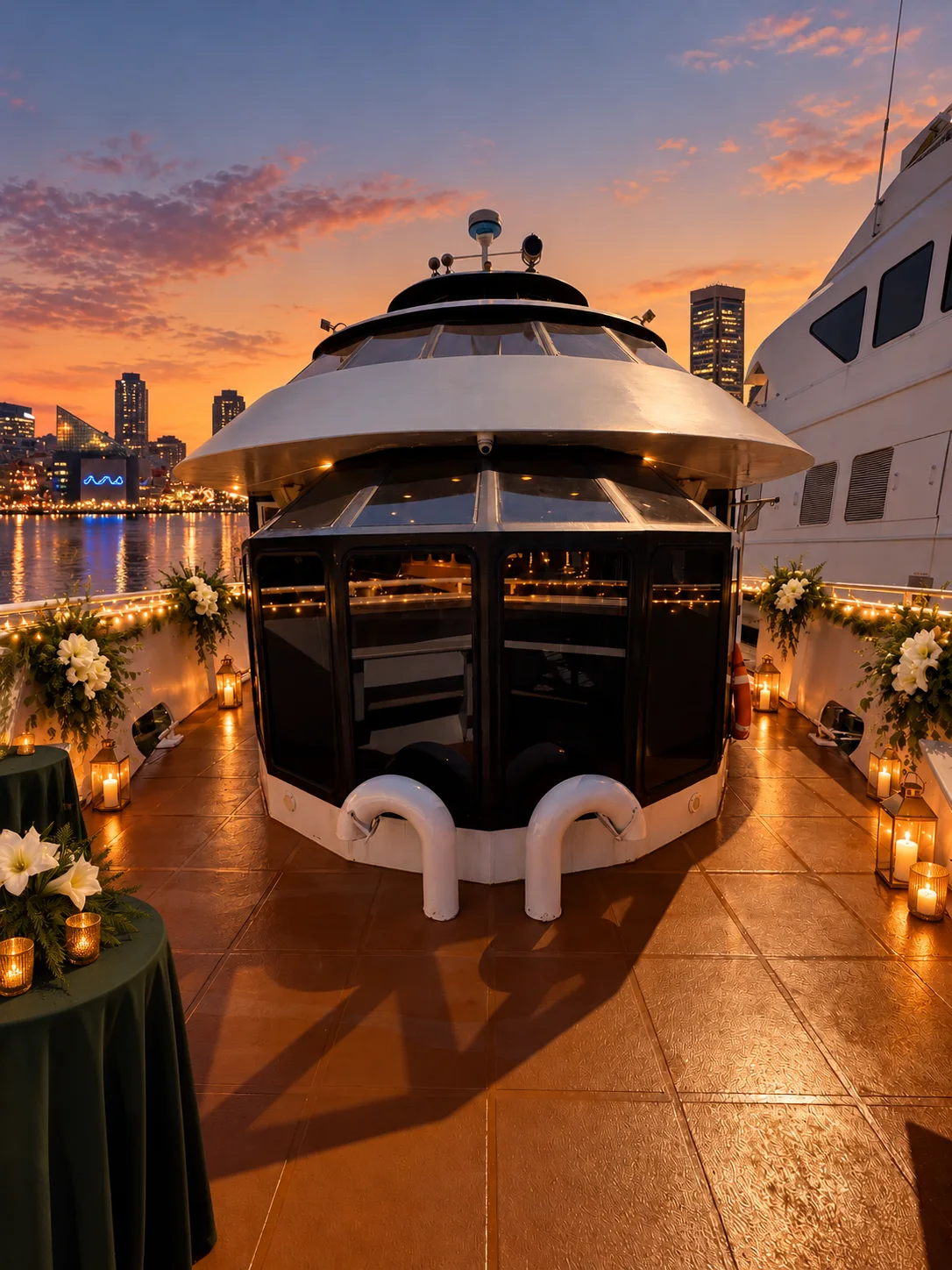 The forward deck of Lady Thames lit with lanterns and greenery at dusk, with the Baltimore skyline behind