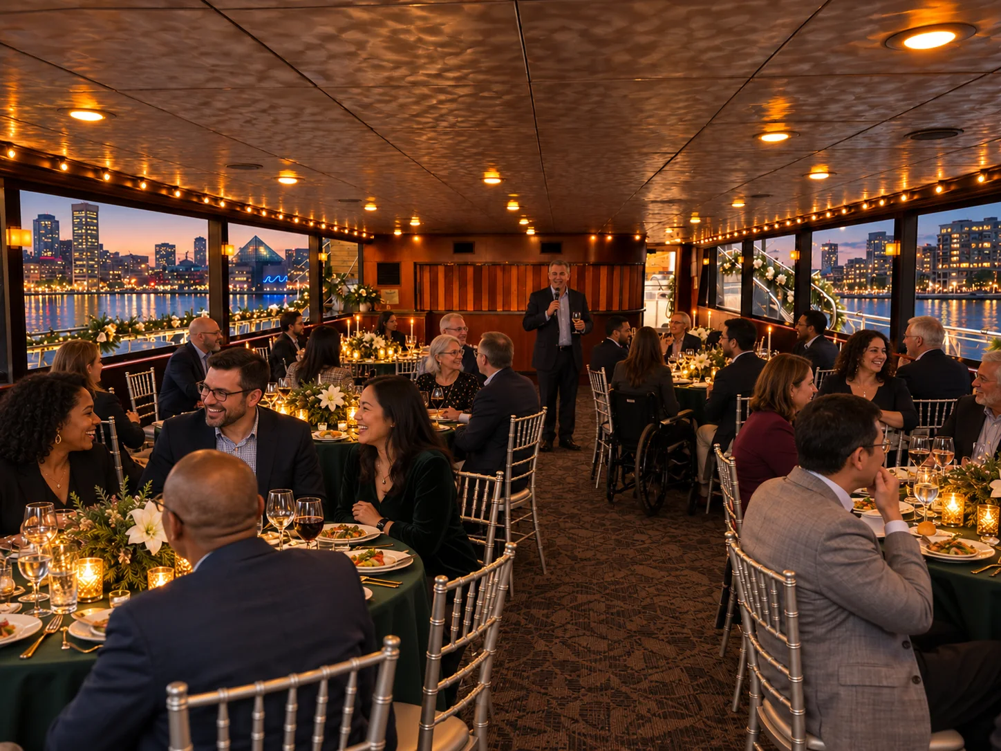 A company holiday dinner in the main salon of Lady Thames, guests seated at candlelit tables while a host gives a toast, with the Baltimore harbor through the windows