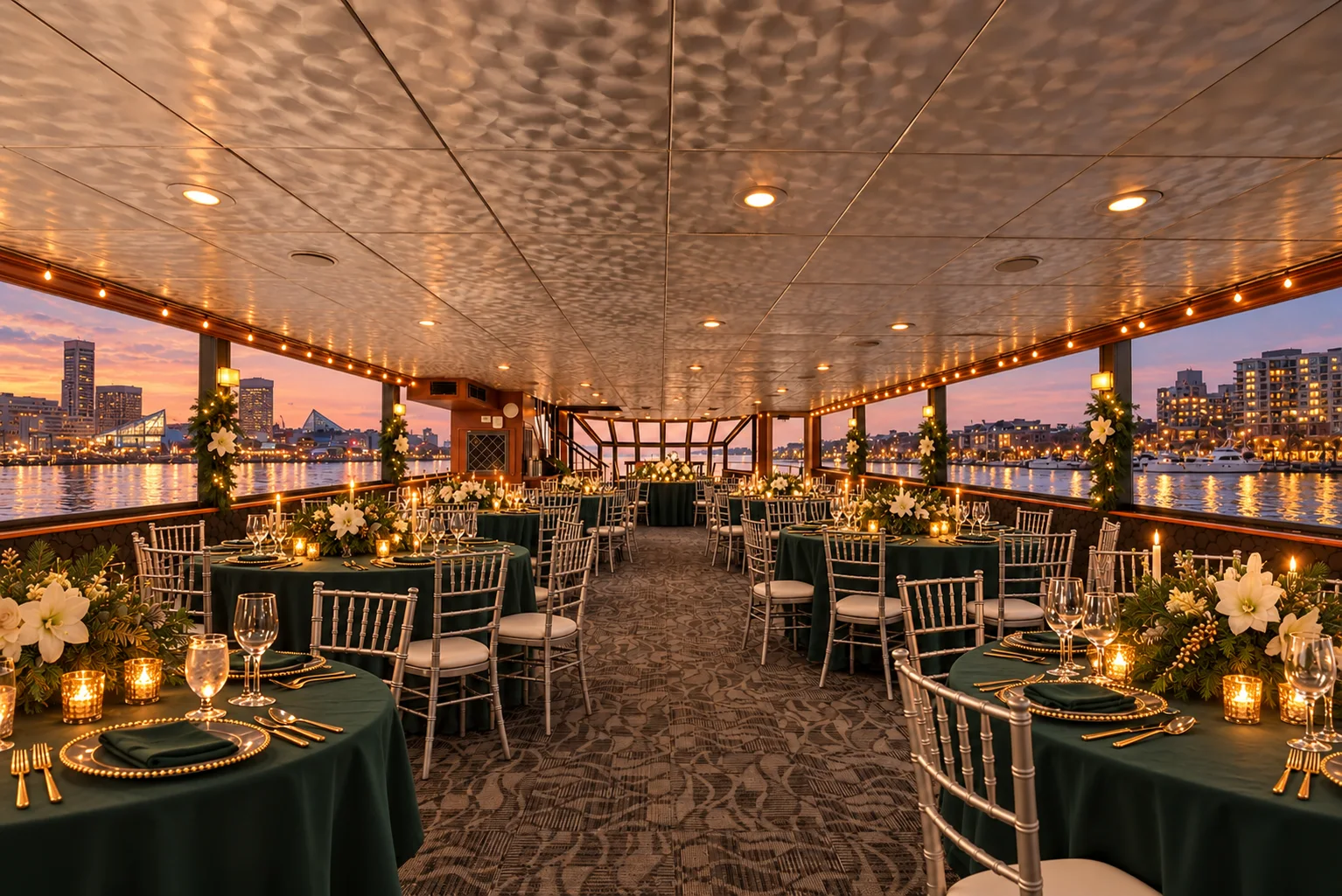 The main salon of Lady Thames set for a holiday dinner with green linens and candles at sunset