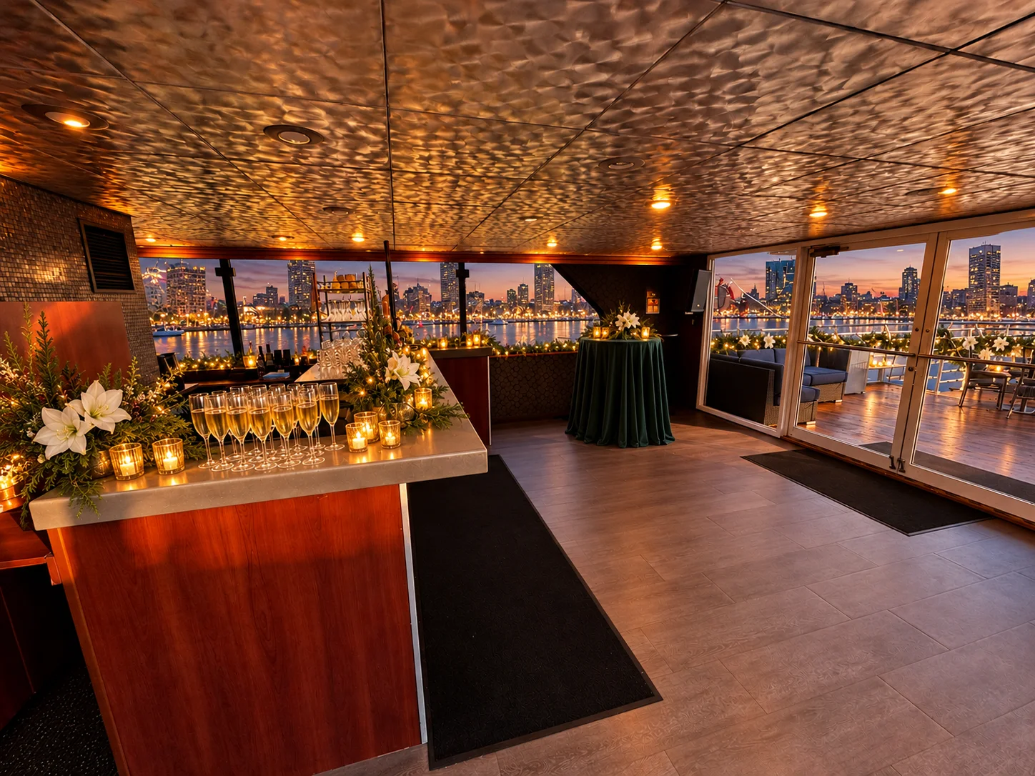 The Lady Thames bar set with champagne, with glass doors open to the deck and the city skyline