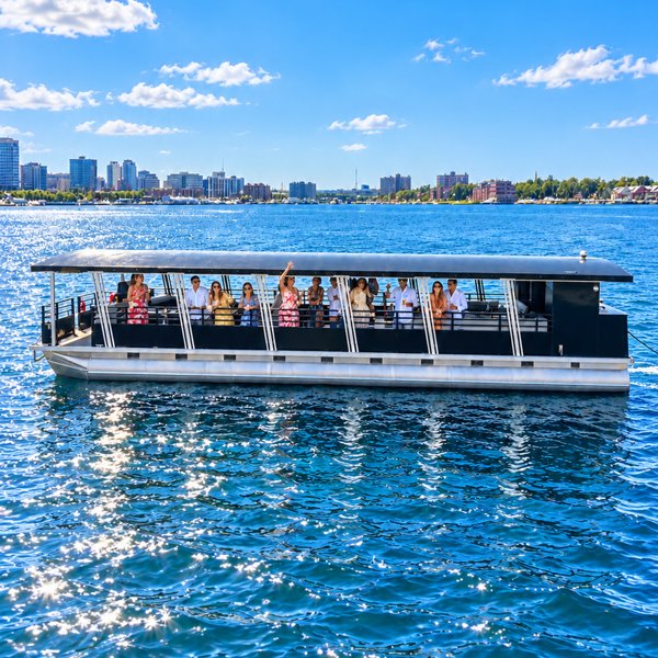 Partytoon on the harbor under a blue sky, guests along the rail