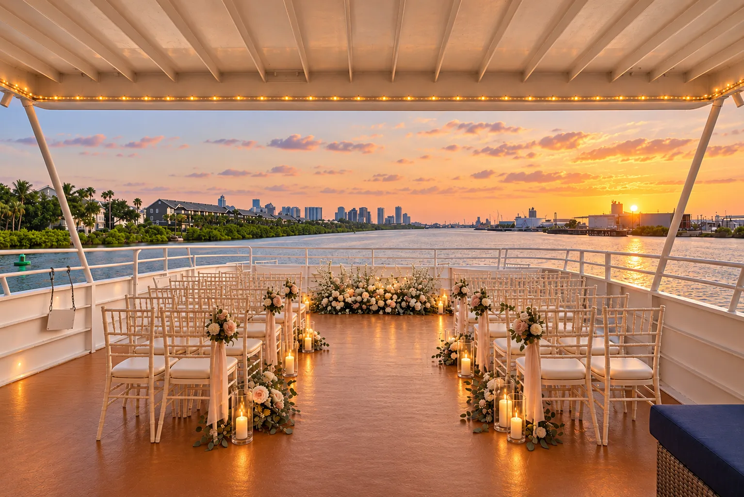 Wedding ceremony set under the canopy on the upper deck of Lady Thames at sunset, with white chairs, candlelit aisle and florals facing the Baltimore harbor
