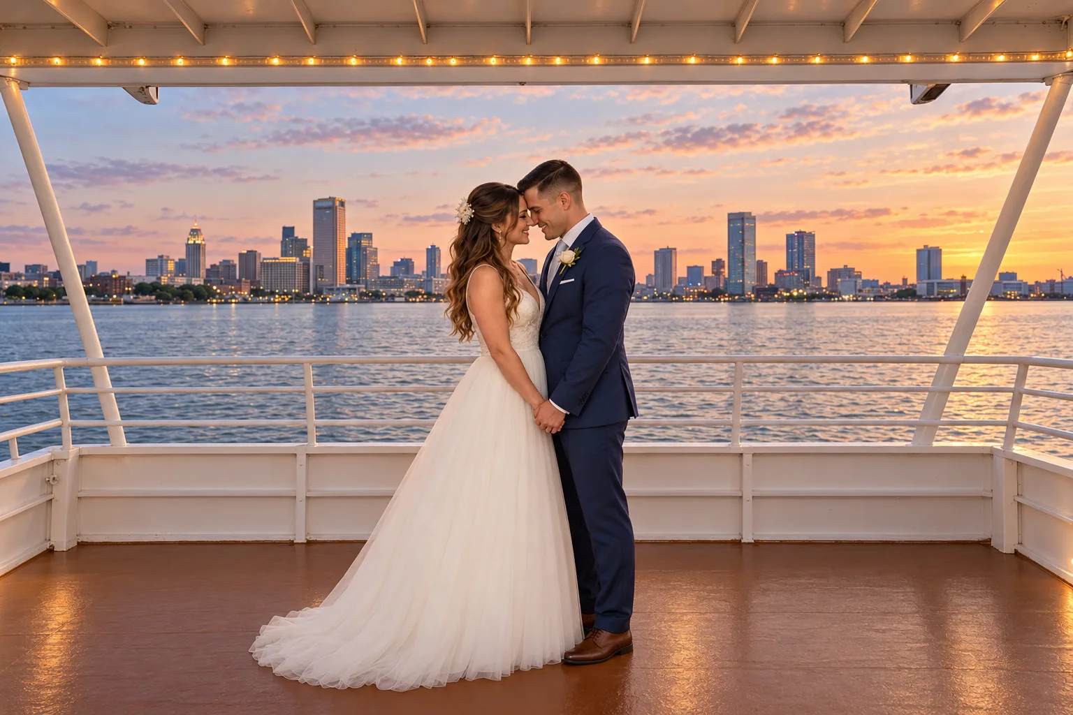 A bride and groom sharing a quiet moment under the canopy lights on the upper deck of Lady Thames at sunset, with the Baltimore skyline across the harbor
