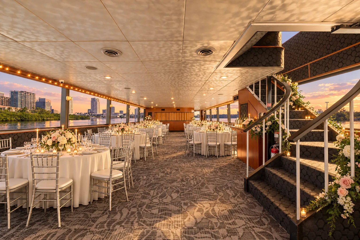 Wedding reception tables set with linens and florals in the Lady Thames salon beside a floral-wrapped staircase