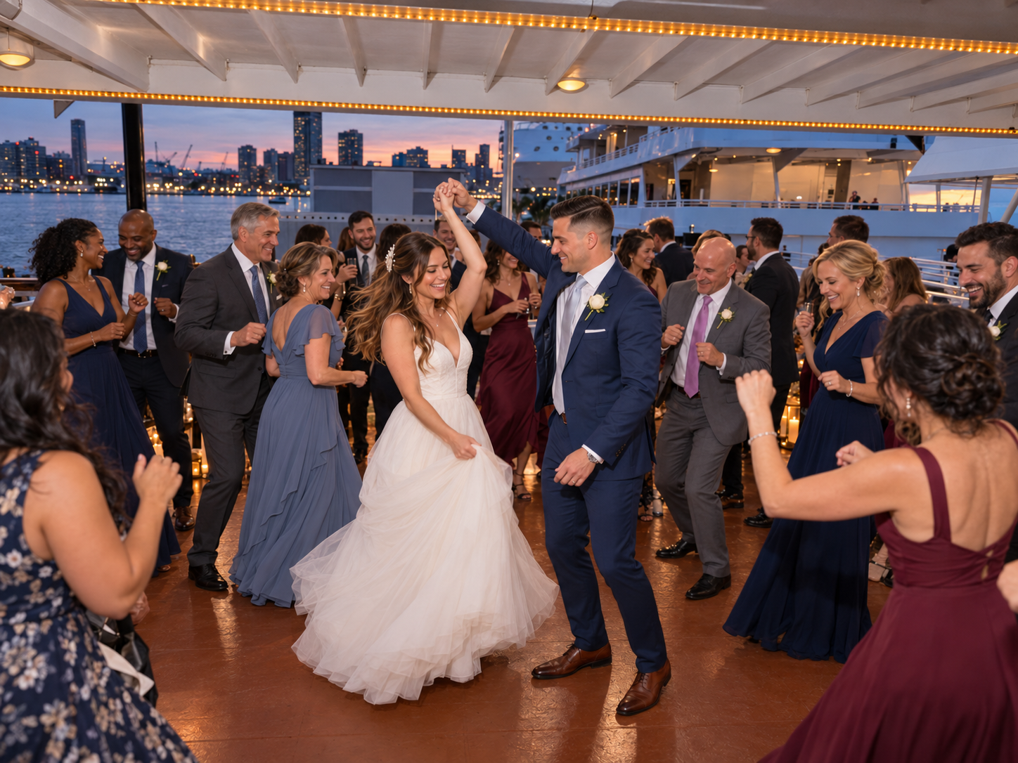 A bride and groom dancing with their guests on the deck of Lady Thames at dusk