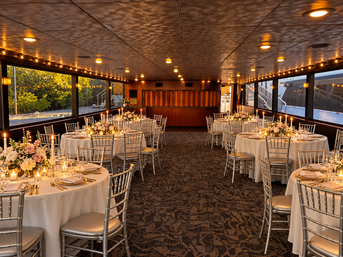 The main salon of Lady Thames set for a wedding reception with round tables, candles and floral centerpieces