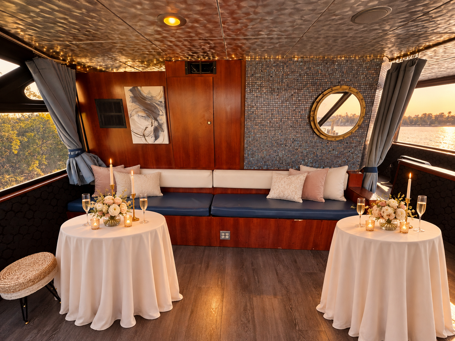 The lounge aboard Lady Thames with a cushioned banquette, porthole mirror, candles and champagne on two tables