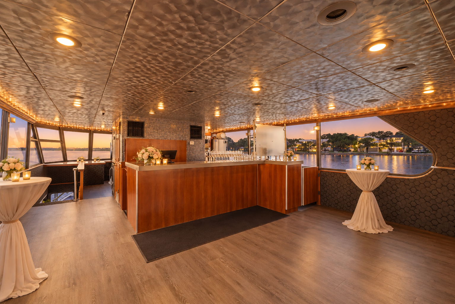 The upper salon bar aboard Lady Thames set with champagne, candles and high-top tables at sunset