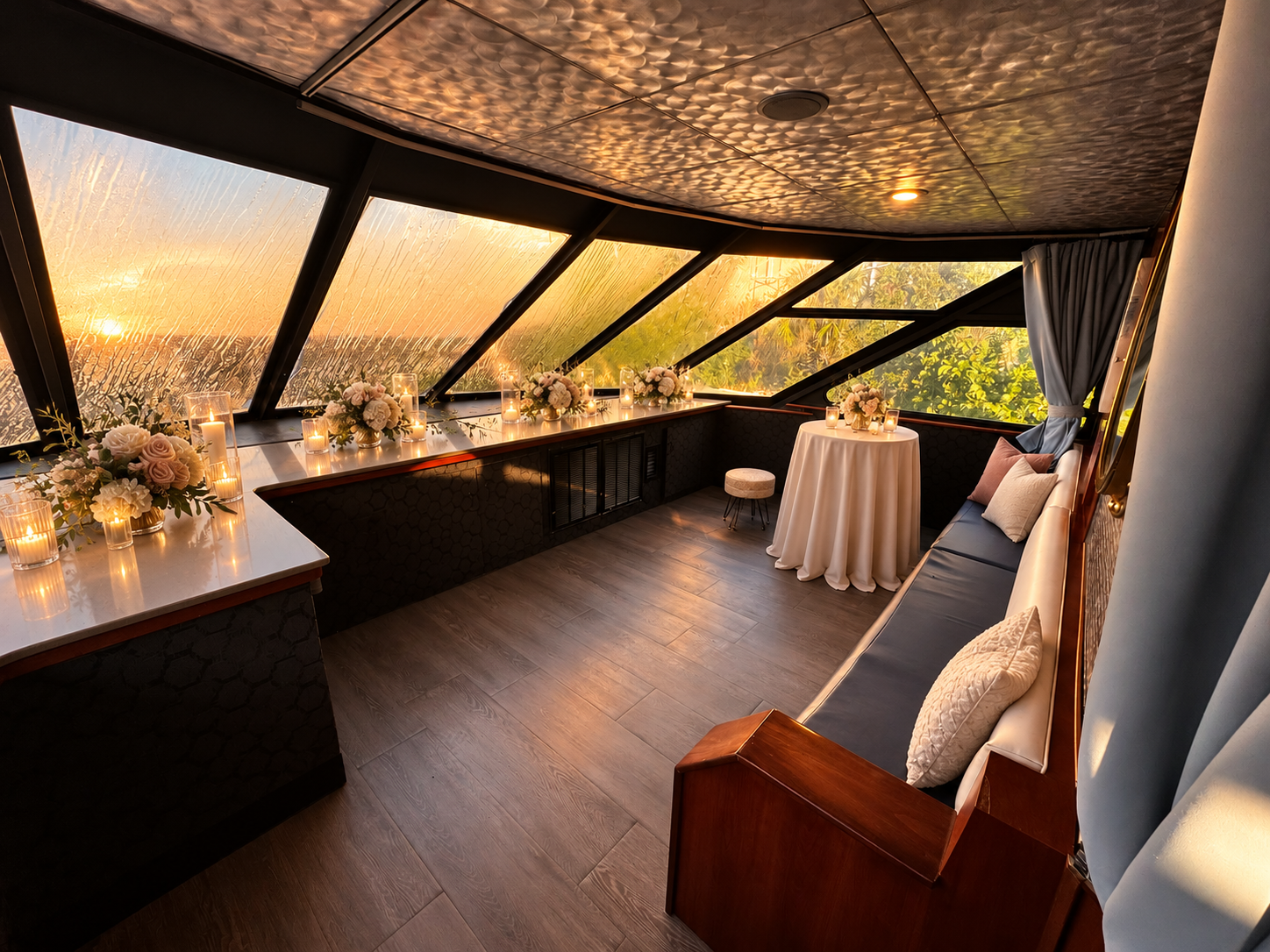 The pilothouse lounge on Lady Thames styled with candles and florals along the windows