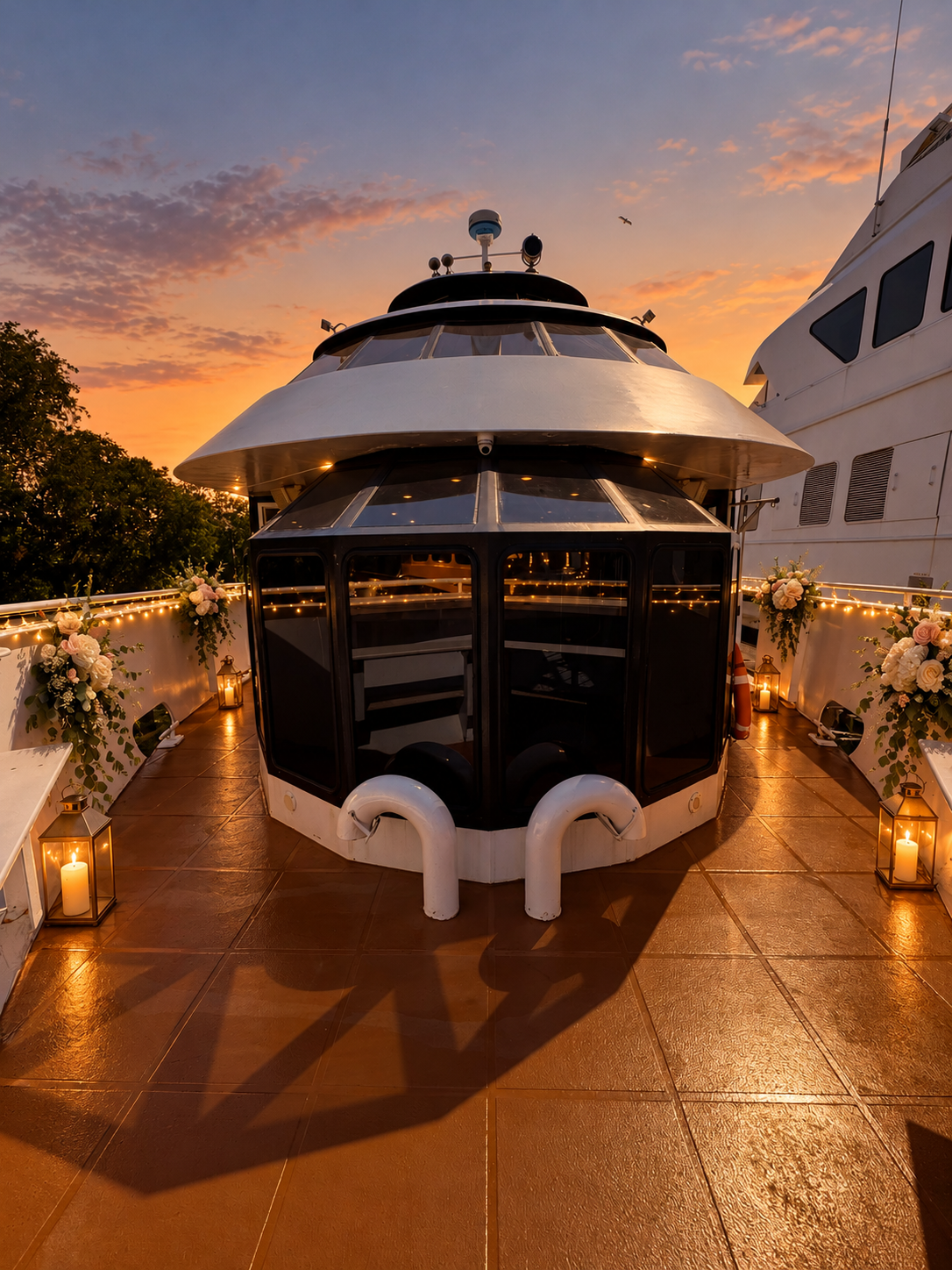 The forward deck of Lady Thames lit with lanterns and florals at dusk