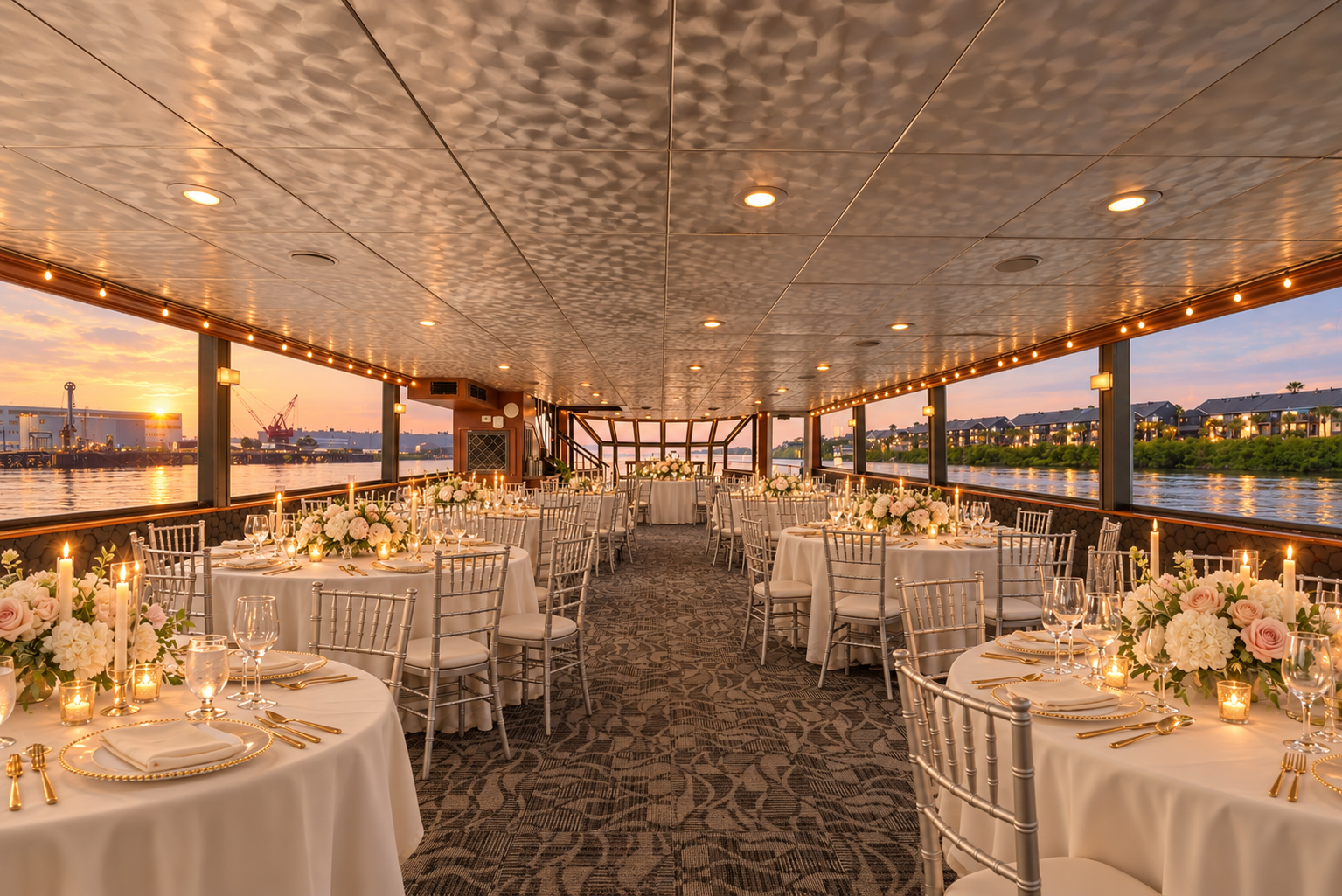 The main salon of Lady Thames set for a sunset wedding dinner