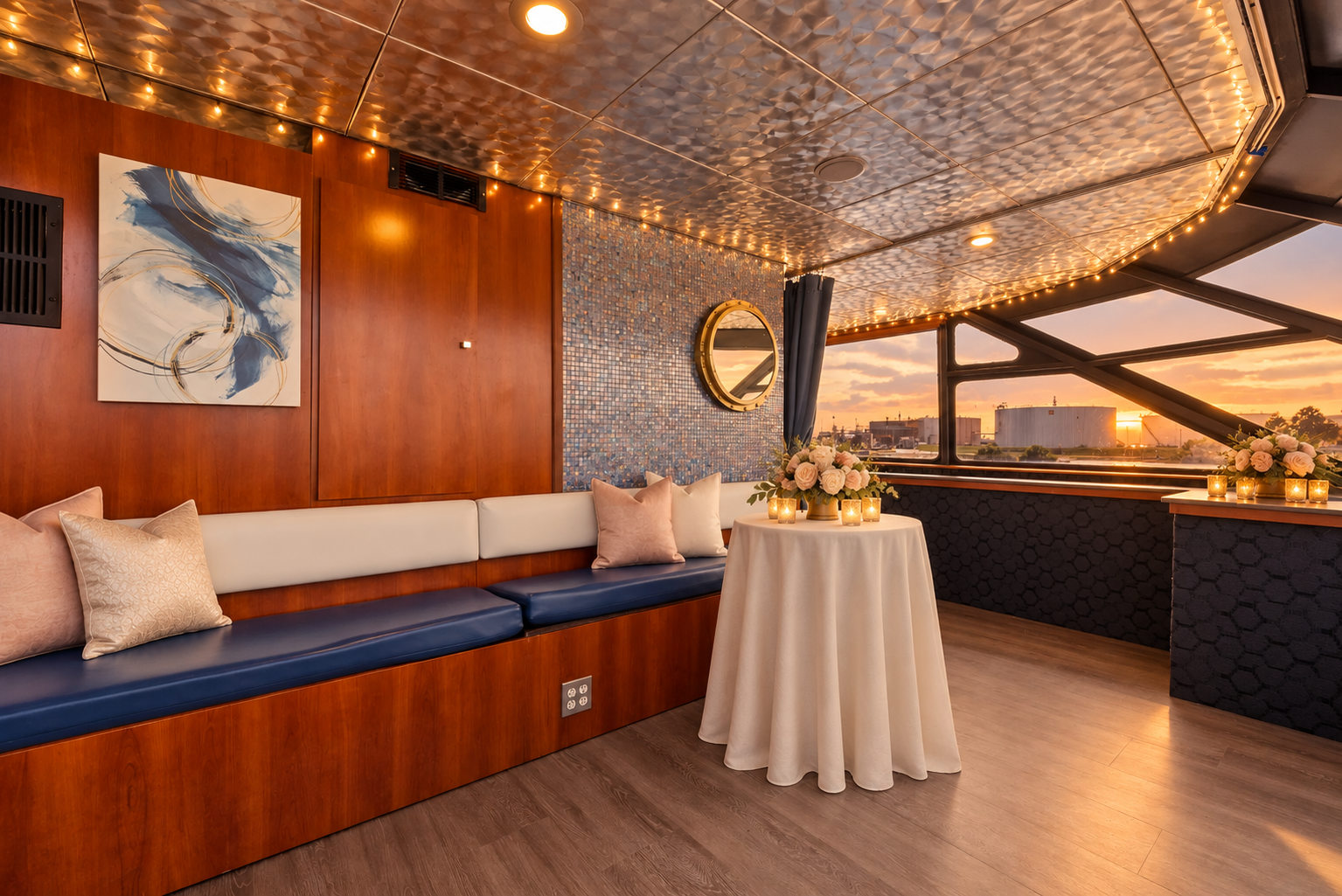 A cushioned banquette and cocktail table in the Lady Thames lounge at sunset