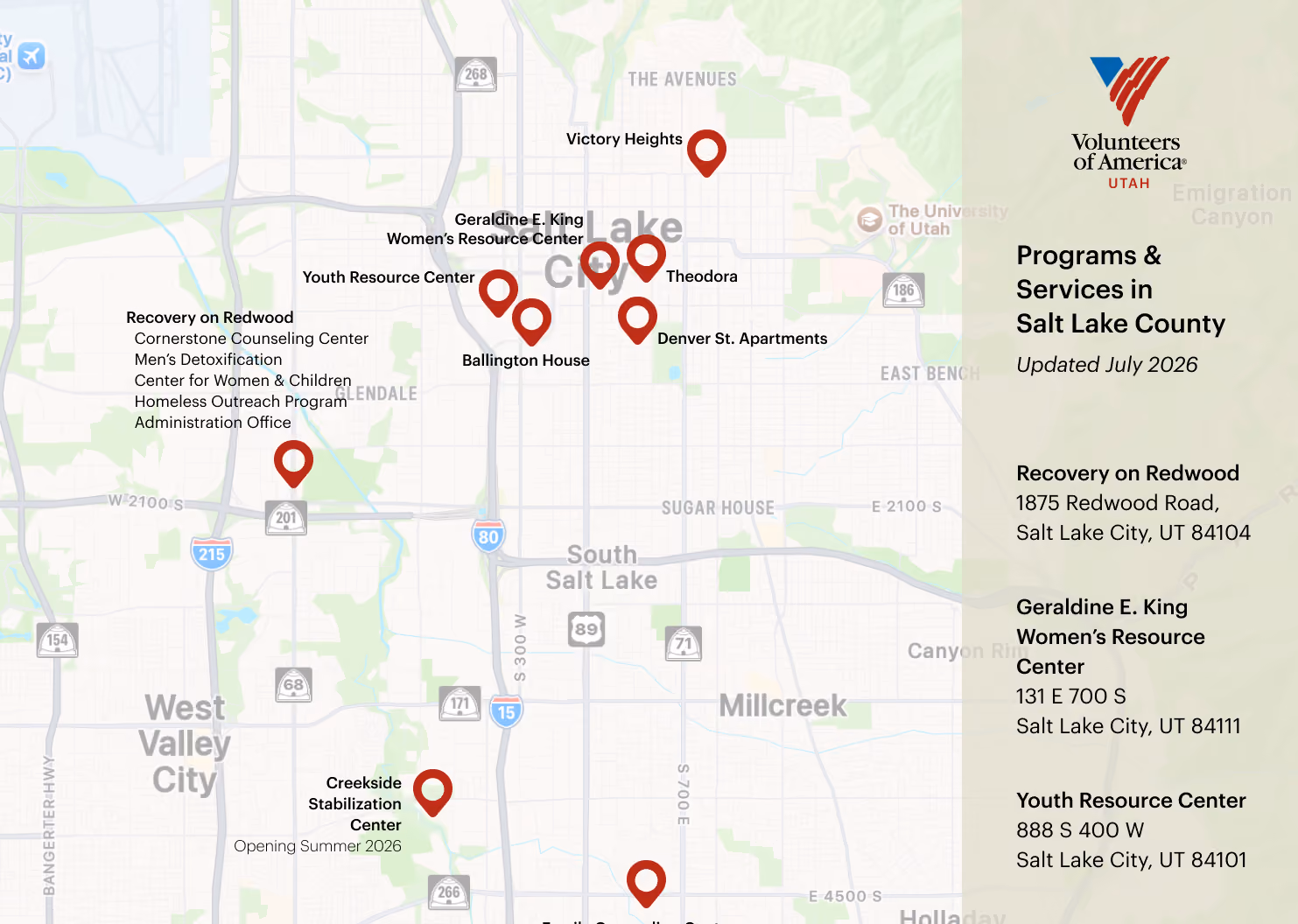 Map of VOA Utah Programs and Services